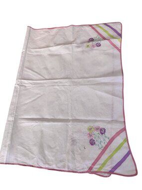 Vintage Hand Embroidered Floral Tablecloth Multi Color Stripes 42 x 30